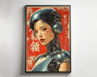 Japanese Pulp Poster Of A Retro Bionic Asian Art, Retro Pin Up Girl With A Metallic Robotic Body, Vintage 1980s Japanese Anime Poster Art