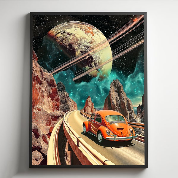 Volkswagen Beetle VW Retro Futurism Art | Space Art | Vintage Collage | Sci-Fi Poster | Surreal Art | Cosmic Artwork | Retro Car Poster