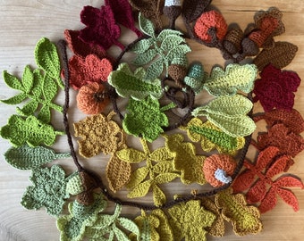 Autumn Fall Garland | Crochet Autumn Leaves | Leaf Pattern | Oak | Acorns | mini pumpkins | Bunting | Autumn Decor