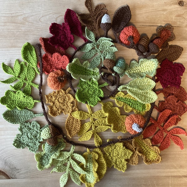 Autumn Fall Garland | Crochet Autumn Leaves | Leaf Pattern | Oak | Acorns | mini pumpkins | Bunting | Autumn Decor