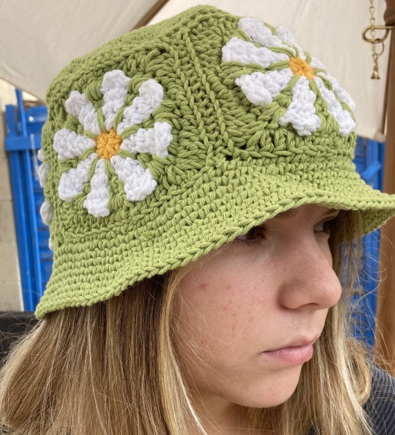 Retro Daisy Crochet Bucket Hat Handmade Cotton Sun Hat Summer  Festival vibes