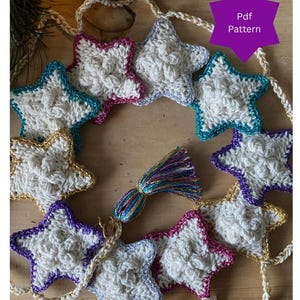 Crochet Sparkly Puff Star Garland | Star Garland | Star Bunting | Glitter decoration | Colour Star | Christmas star | Crochet puff star |