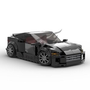 May include: A black sports car model made of interlocking toy bricks. The car has a sleek design with a low profile, detailed wheels, and a tinted windshield. The model is set against a white background.