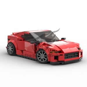 May include: A red toy car constructed from interlocking plastic bricks. The model features a sleek, aerodynamic design with black wheels and a detailed front grille. The car is a vibrant shade of red.