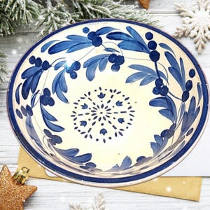 Antique Pottery Bowl Blue and White Floral Design Handcrafted In Mexico Decorative Kitchwares