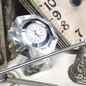 Small Vintage Crystal Quartz Clock,  Faceted Glass Design, Mini Paperweight Desk Decor