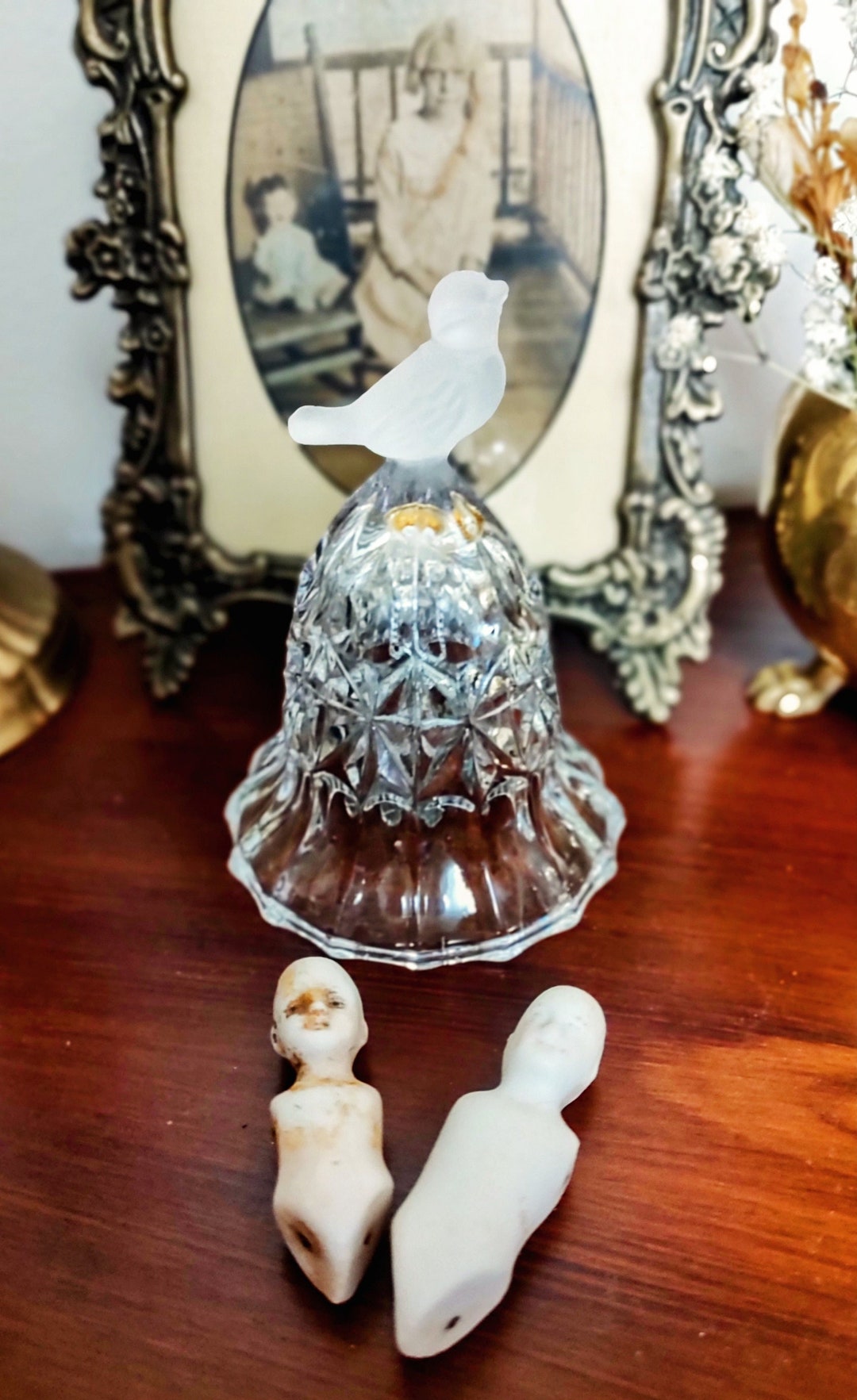 Vintage Crystal Cut Glass Bell With White Frosted Bird, Crystal Bell