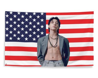 Jungkook com a bandeira americana – Arte de parede Kpop – Decoração estética para quarto ou dormitório – Presente para ARMYs.