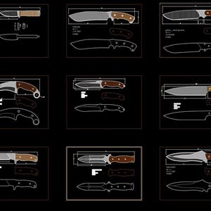 May include: Nine knife designs are displayed on a black background. Each design includes a top-down view and a side profile, with measurements. The knives feature various blade shapes and handle styles, with brown and silver tones.