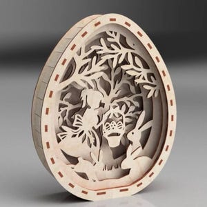 Può includere: Un ornamento di legno a forma di uovo di Pasqua con un design ritagliato di una ragazza e conigli in un ambiente boschivo. L'ornamento ha un bordo marrone con un motivo a trattini.