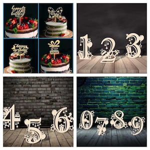 Può includere: Un collage di decorazioni per torte di compleanno e decorazioni con numeri in legno. Le decorazioni per torte sono dorate e dicono "happy birthday". I numeri in legno da 1 a 9 sono decorati con stelle, palloncini e regali. Le torte sono decorate con bacche.