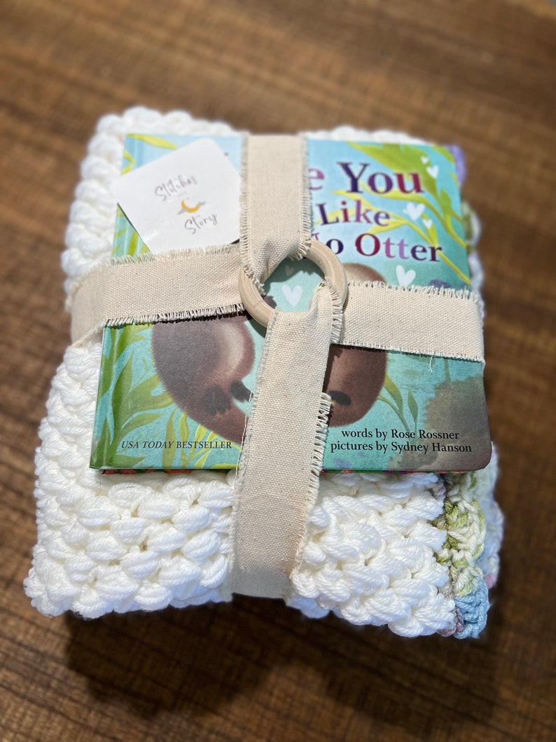 White and Pastel Multicolored Crocheted Baby Blanket, Book Gift