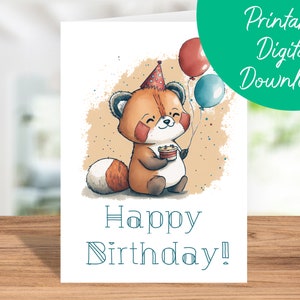 Carte d'anniversaire Panda rouge | Téléchargement instantané, carte d'anniversaire pour enfants, carte d'anniversaire imprimable 5 x 7, carte de joyeux anniversaire Panda rouge, cadeau Panda rouge