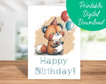 Carte d'anniversaire Panda rouge | Téléchargement instantané, carte d'anniversaire pour enfants, carte d'anniversaire imprimable 5 x 7, carte de joyeux anniversaire Panda rouge, cadeau Panda rouge