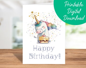 Unicorn Birthday Card | Instant Download, Kids Birthday Card, Printable 5x7 Birthday Card, Unicorn Happy Birthday Card, Unicorn Lover Gift