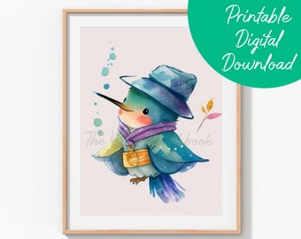 Cute Hummingbird Watercolor Wall Art | Hummingbird Art, Cute Kids Room Art, Nursery Wall Hanging, Children's Room Art, Whimsical Animals