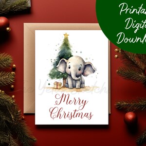 Download digital para impressão de cartão de Natal de elefante | Cartão de Natal fofo para impressão, cartão de Natal em aquarela, feliz Natal digital instantâneo