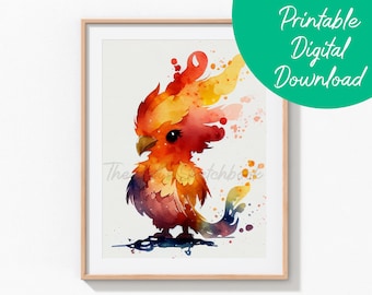 Cute Phoenix Watercolor Wall Art | Chibi Phoenix Wall Art, Cute Fantasy Room Art, Phoenix Nursery Wall Hanging, Children's Room Art