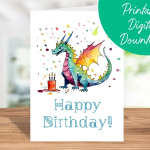 Cartão de aniversário do dragão | Download instantâneo, cartão de aniversário infantil, cartão de aniversário 5x7 para impressão, cartão de feliz aniversário de dragão, presente de amante de dragão