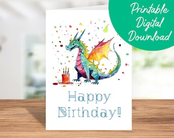 carte d'anniversaire de dragon | Téléchargement immédiat, carte d'anniversaire pour enfants, carte d'anniversaire imprimable 5 x 7, carte de joyeux anniversaire Dragon, cadeau pour amoureux des dragons