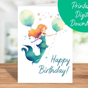 Carte d’anniversaire sirène | Téléchargement instantané, Carte d’anniversaire pour enfants, Carte d’anniversaire imprimable 5x7, Carte de joyeux anniversaire sirène, Cadeau sirène