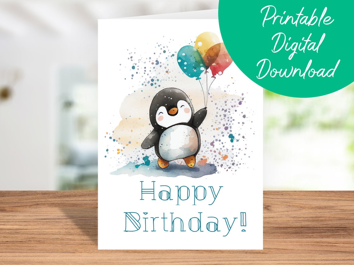 Penguin Birthday Card | Instant Download, Kids Birthday Card, Printable 5x7 Birthday Card ...
