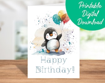 Penguin Birthday Card | Instant Download, Kids Birthday Card, Printable 5x7 Birthday Card, Penguin Happy Birthday Card, Penguin Lover Gift