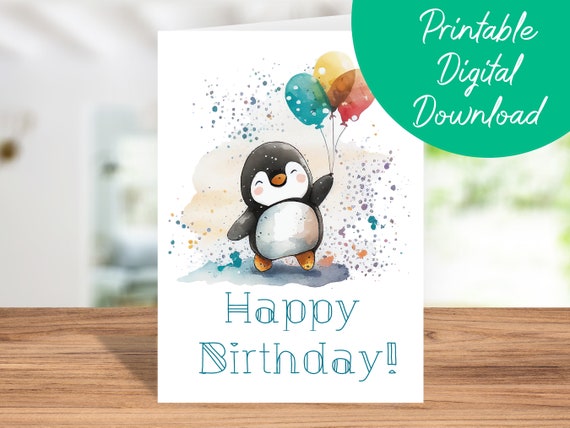 Penguin Birthday Card | Instant Download, Kids Birthday Card, Printable 5x7 Birthday Card, Penguin Happy Birthday Card, Penguin Lover Gift