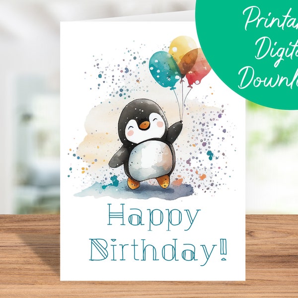 Carte d'anniversaire de pingouin | Téléchargement instantané, carte d'anniversaire pour enfants, carte d'anniversaire imprimable 5 x 7, carte de joyeux anniversaire de pingouin, cadeau d'amant de pingouin