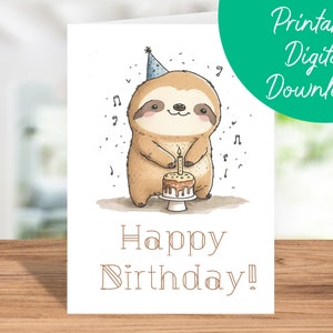 de aniversário da preguiça | Download instantâneo, cartão de aniversário infantil para impressão, cartão de feliz aniversário da preguiça, presente para amante da preguiça, PDF JPG 5X7
