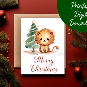 Carte de Noël Lion Téléchargement numérique imprimable | Carte de vacances imprimable lion mignon, carte de Noël aquarelle, joyeux Noël numérique instantané