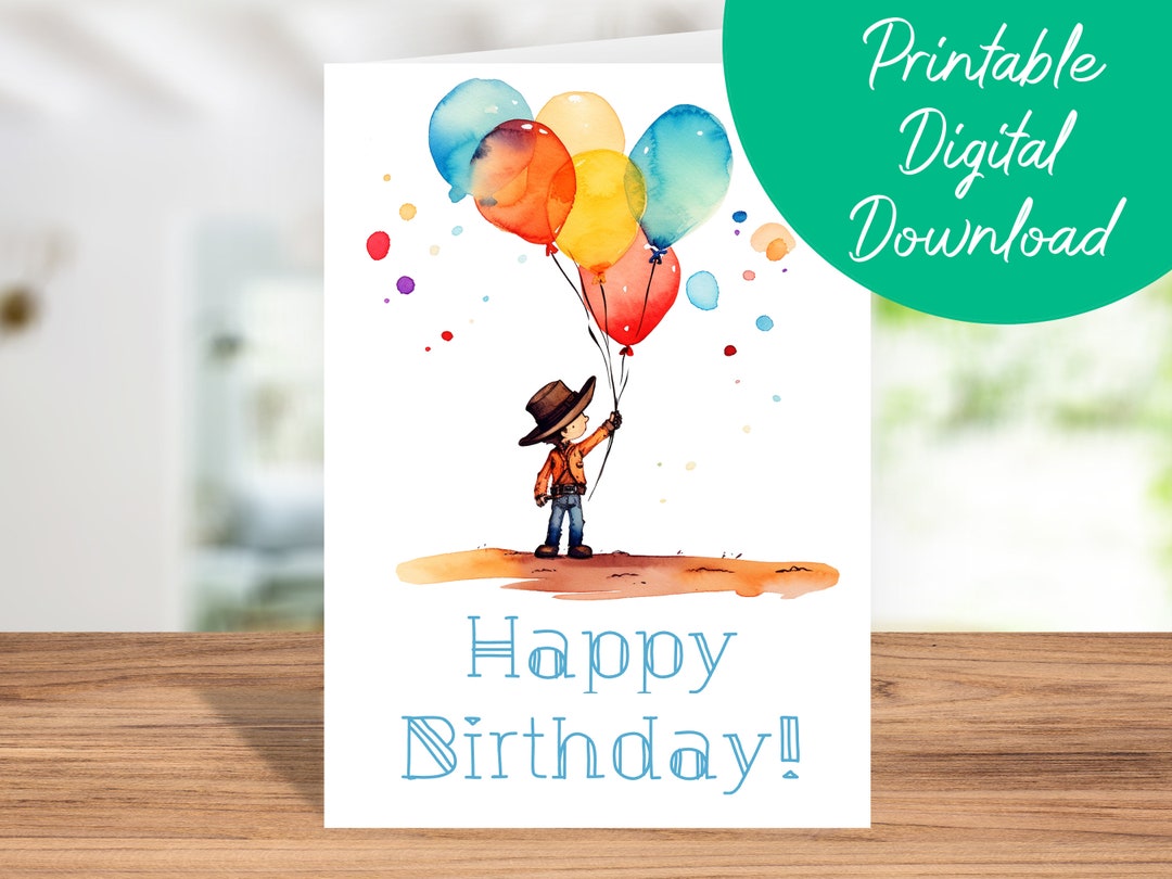 Cowboy Birthday Card Instant Download | Kids Birthday Card, Printable 5x7 Birthday Card, Happy ...