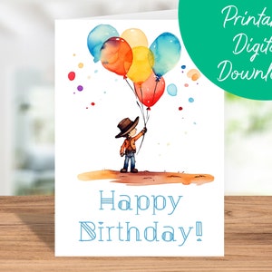Cowboy Geburtstagskarte Sofort Download | Kindergeburtstagskarte, druckbare 5x7 Geburtstagskarte, alles Gute zum Geburtstag, Bärenliebhabergeschenk, Luftballons