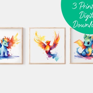 Fantasy Kid's Room & Nursery Wall Art | Print-At-Home Digital Wall Art | Cute DND Monster Watercolor Art, Dragons, Pegasus, Phoenix