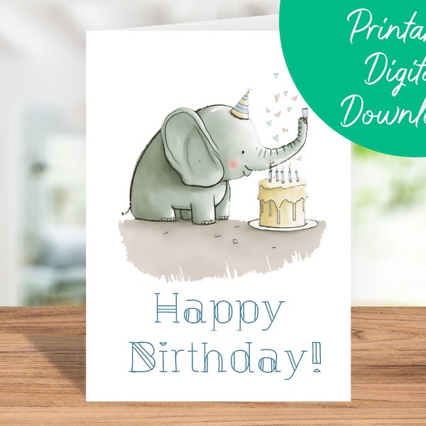 Elephant Birthday Card | Instant Download, Printable Kid's Birthday Card, Elephant Happy Birthday Card, Elephant Lover PDF JPG 5X7