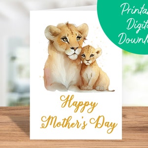 Lion & Cub Mother's Day Card | Printable Instant Download, Lion Mom, Printable 5x7 Birthday Card, Lioness Card, Happy Mother's Day