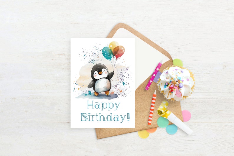Pinguïn verjaardagskaart | Instant Download, Kids verjaardagskaart, afdrukbare 5x7 verjaardagskaart, Penguin Happy Birthday Card, Penguin Lover Gift afbeelding 2