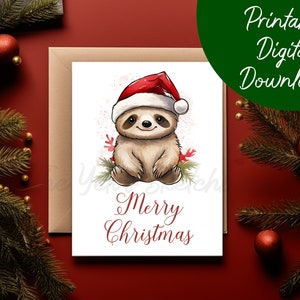 Faultier Weihnachtskarte Printable Digital Download | Niedliche Faultier druckbare Weihnachtskarte, Aquarell Weihnachtskarte, sofortige digitale Frohe Weihnachten