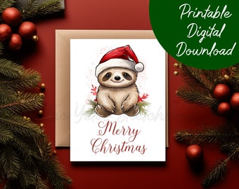 May include: Printable Christmas card featuring a cute cartoon sloth wearing a red Santa hat and holding a red and white candy cane. The card has a white background with red snowflakes and the text "Merry Christmas".