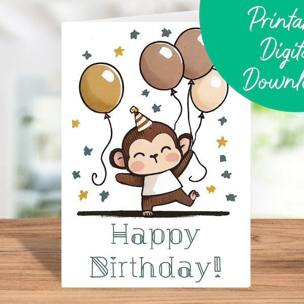 Monkey Birthday Card | Instant Download, Kids Birthday Card, Printable 5x7 Birthday Card, Monkey Happy Birthday Card, Monkey Lover Gift