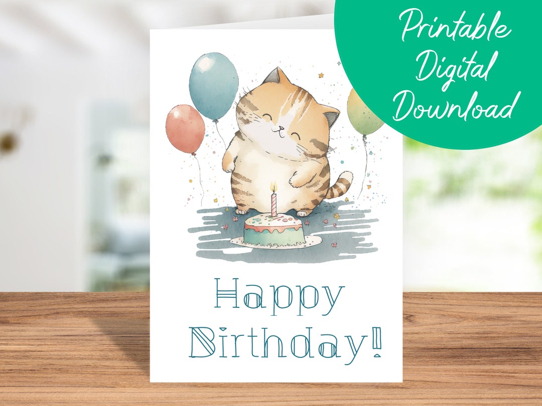 Cat Birthday Card | Instant Download, Kids Birthday Card, Printable 5x7 ...