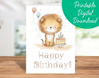Carte d'anniversaire Lion | Téléchargement instantané, carte d'anniversaire imprimable pour enfant, carte de joyeux anniversaire Lion, cadeau d'amant de Lion, PDF JPG 5 X 7