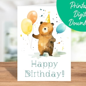 Bär Geburtstagskarte | Sofort Download, Geburtstagskarte für Kinder, druckbare Geburtstagskarte 5x7, Bären-Geburtstagskarte, Bären-Liebhaber-Geschenk, Luftballons