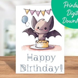 cartão de aniversário do bastão | Download instantâneo, cartão de aniversário infantil, cartão de aniversário 5x7 para impressão de morcego, cartão de feliz aniversário de morcego, aniversário de Halloween