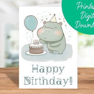 Tarjeta de cumpleaños de hipopótamo / Descarga instantánea, Tarjeta de cumpleaños para niños, Tarjeta de cumpleaños imprimible 5x7, Tarjeta de feliz cumpleaños de hipopótamo, Regalo de amante de hipopótamo