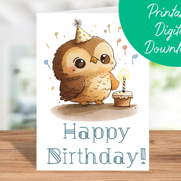 Owl Birthday Card | Instant Download, Kids Birthday Card, Owl Printable 5x7 Birthday Card, Owl Happy Birthday Card, Owl Lover Gift