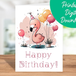Cartão de aniversário do flamingo | Download instantâneo, cartão de aniversário infantil, cartão de aniversário 5x7 para impressão, feliz aniversário de flamingo, presente de amante de flamingo