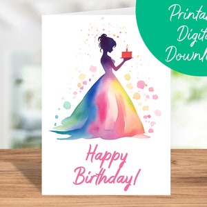 Carte d’anniversaire princesse | Téléchargement instantané, carte d’anniversaire pour enfants, carte d’anniversaire imprimable 5x7, carte de joyeux anniversaire princesse de dernière minute