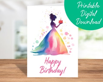 Prinses verjaardagskaart | Direct downloaden, kinderverjaardagskaart, afdrukbare 5x7 verjaardagskaart, last minute prinses gelukkige verjaardagskaart