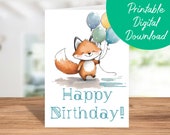 Red Fox Birthday Card | Instant Download, Kids Birthday Card, Printable 5x7 Birthday Card, Fox Happy Birthday Card, Fox Lover Gift
